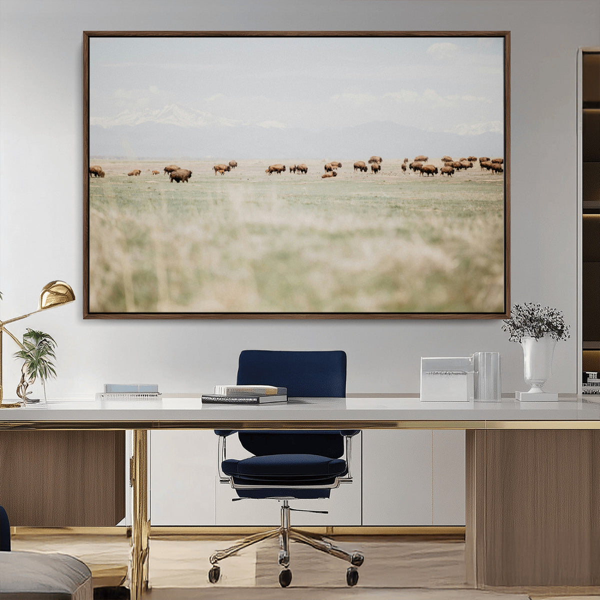 Bison Herd Wall Art Canvas Print, Framed Western Ranch Nature Scene