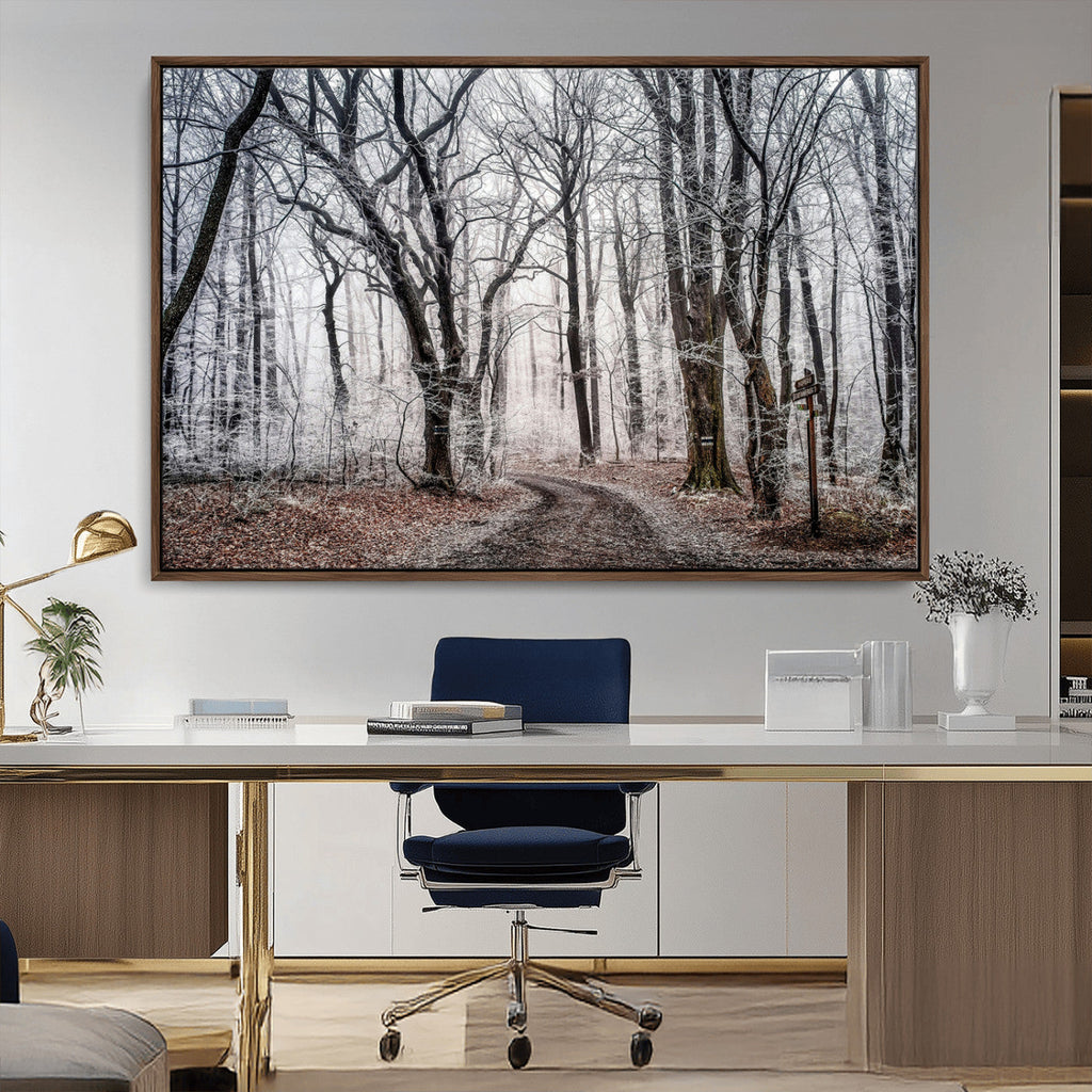 Winter Forest Wall Art Canvas Print, Framed Frosty Woodland with Misty Trees