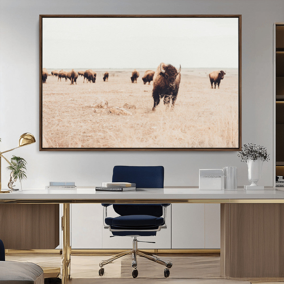 Bison Herd Wall Art Canvas Print, Framed Western Prairie Serenity
