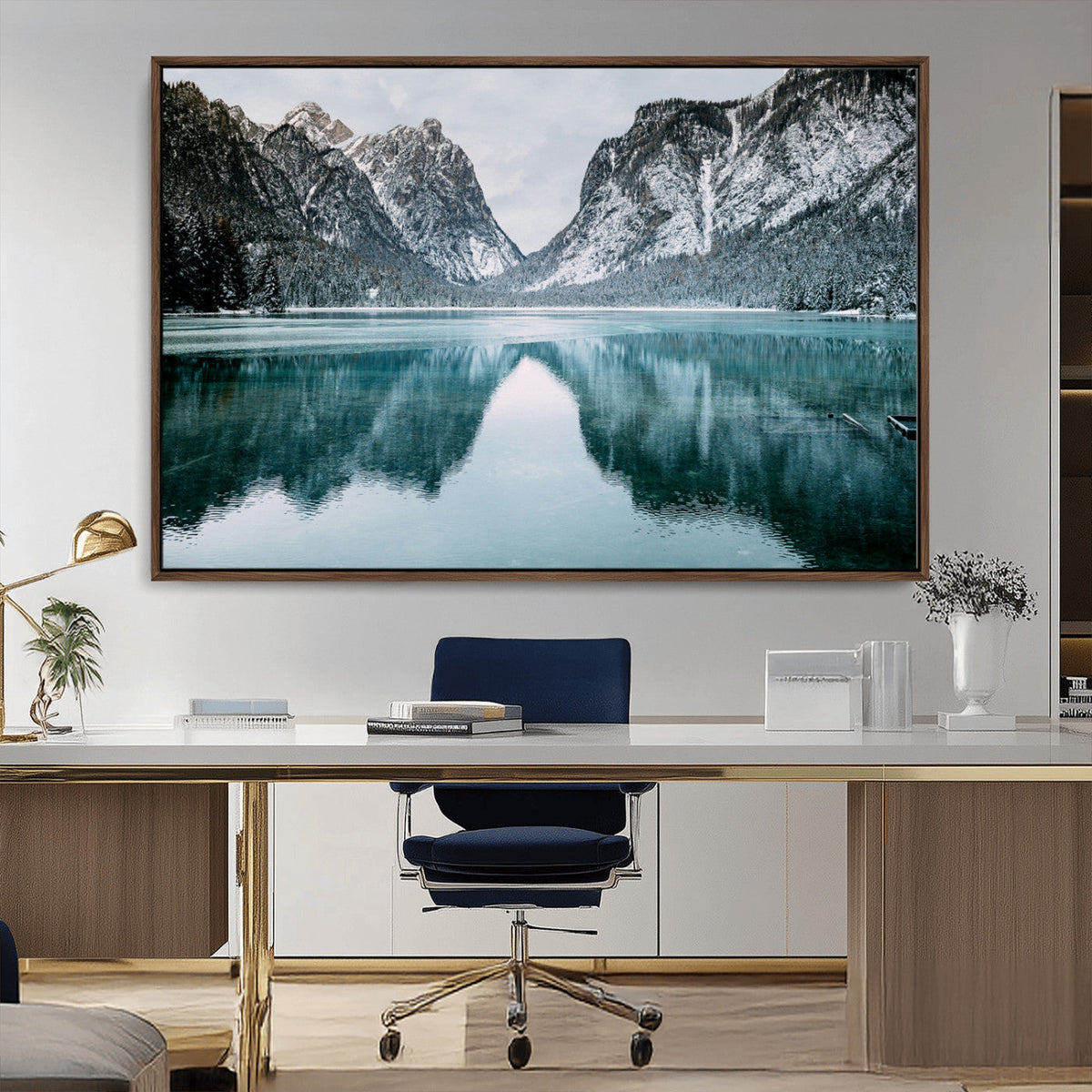 Mountain Lake Wall Art Canvas Print, Framed Toblacher See Winter Wonderland