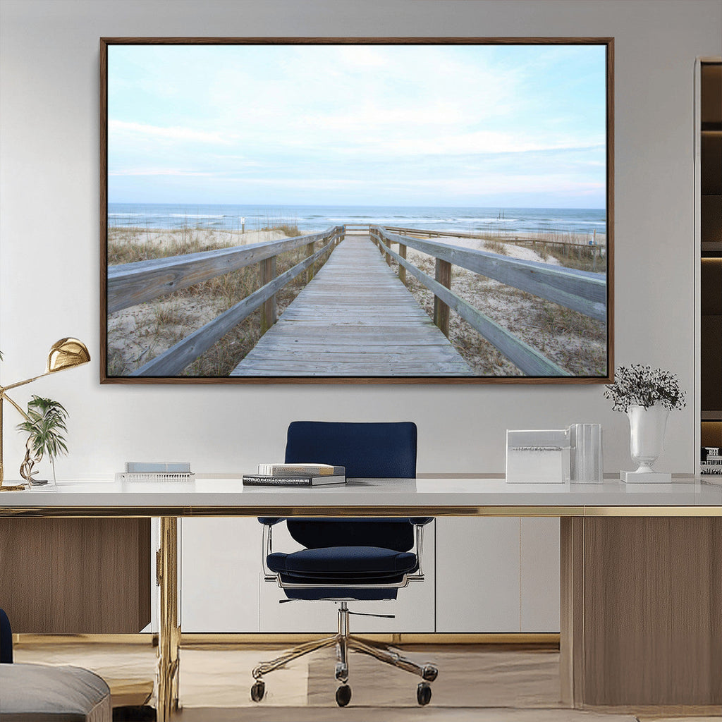 Beach Boardwalk Wall Art Canvas Print, Framed Coastal Serenity Ocean View