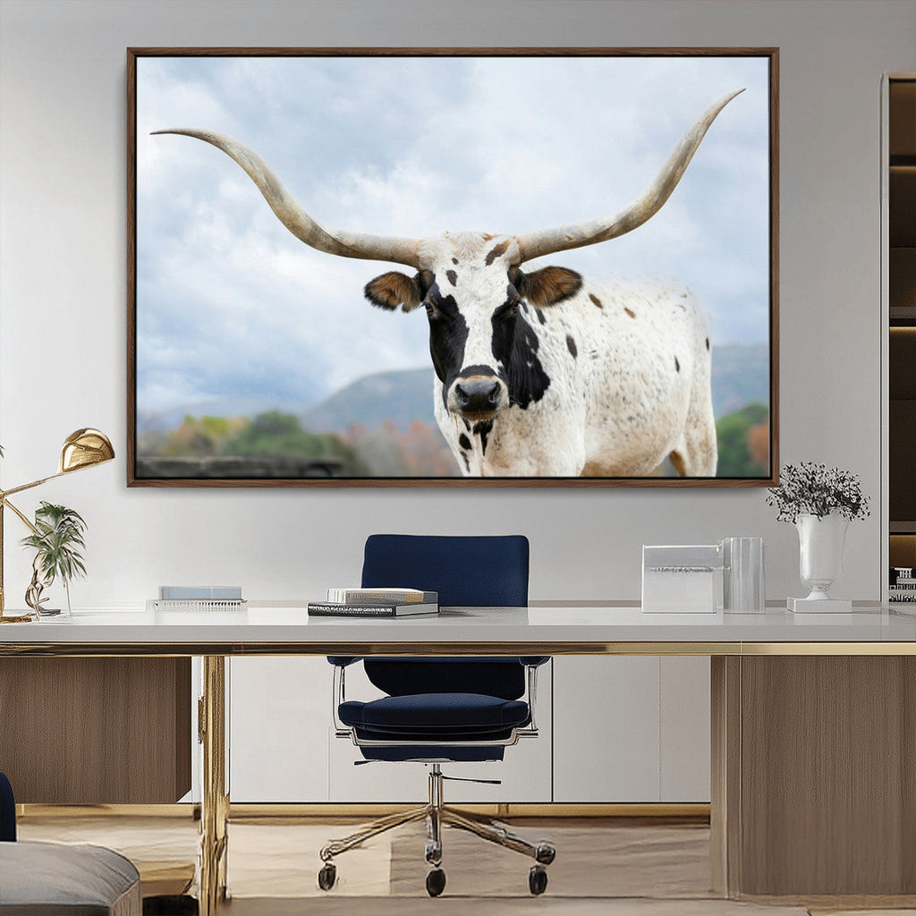Texas Longhorn Wall Art Canvas Print, Framed Western Rustic Farmhouse