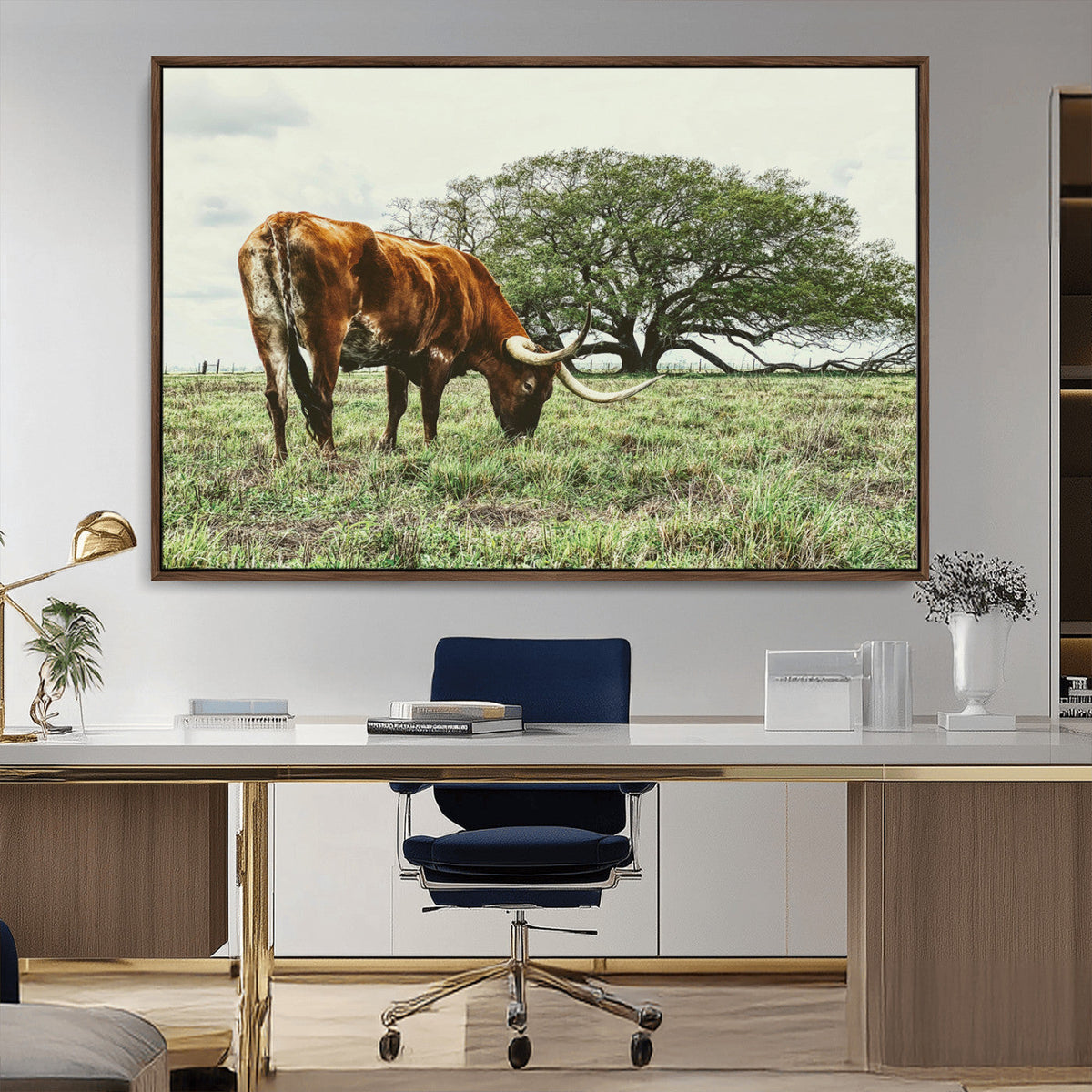 Texas Longhorn Wall Art Canvas Print, Framed Rustic Ranch Western Cattle