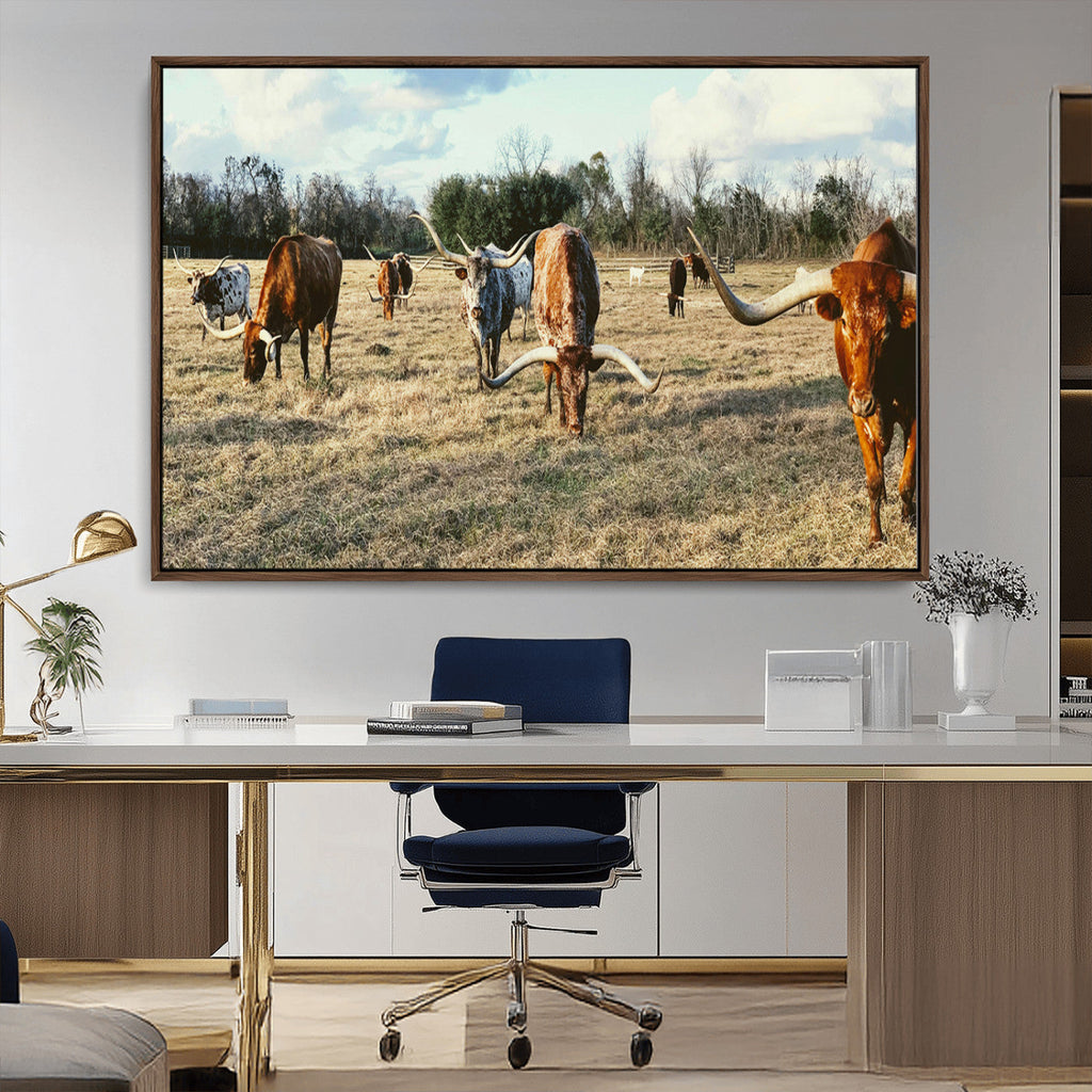 Texas Longhorns Wall Art Canvas Print, Framed Rustic Farm Scene Western Cattle