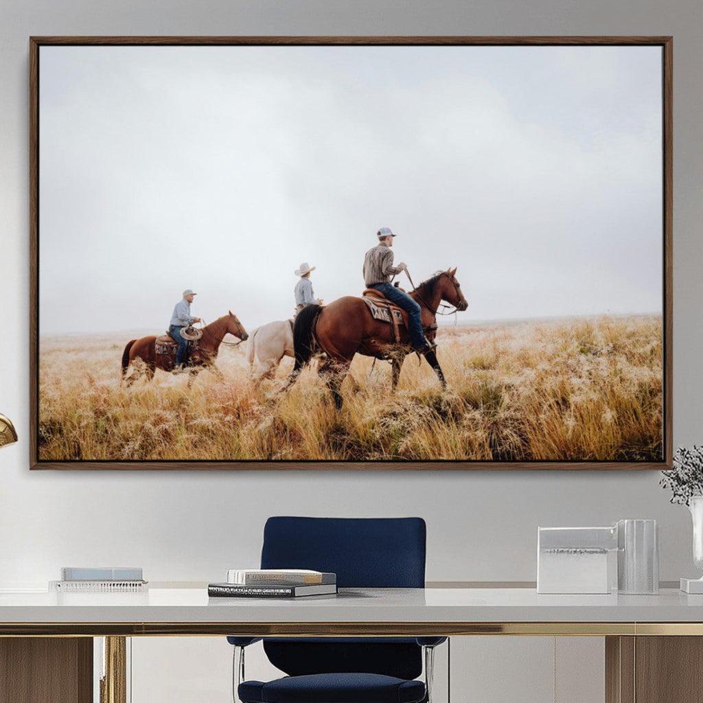 Western Cowboys Wall Art Canvas Print, Framed Horseback Riders on a Rustic Prairie