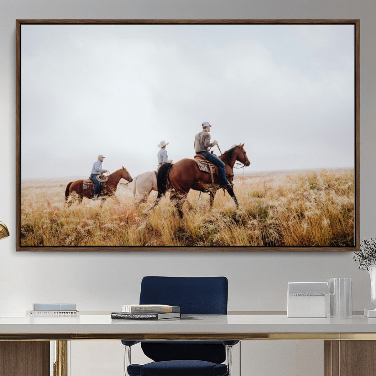 Western Cowboys Wall Art Canvas Print, Framed Horseback Riders on a Rustic Prairie