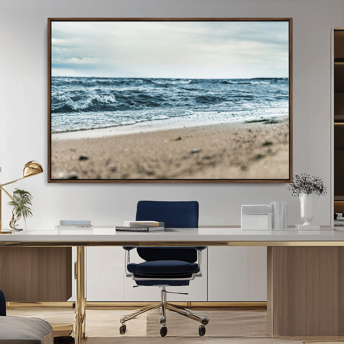 Ocean Wall Art Canvas Print, Framed Moody Seascape with Waves and Horizon