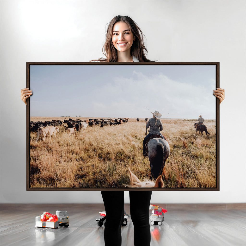 Western Wall Art Canvas Print, Framed Cowboy Cattle Drive Scene