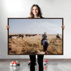 Western Wall Art Canvas Print, Framed Cowboy Cattle Drive Scene