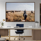 Western Wall Art Canvas Print, Framed Cowboy Cattle Drive Scene