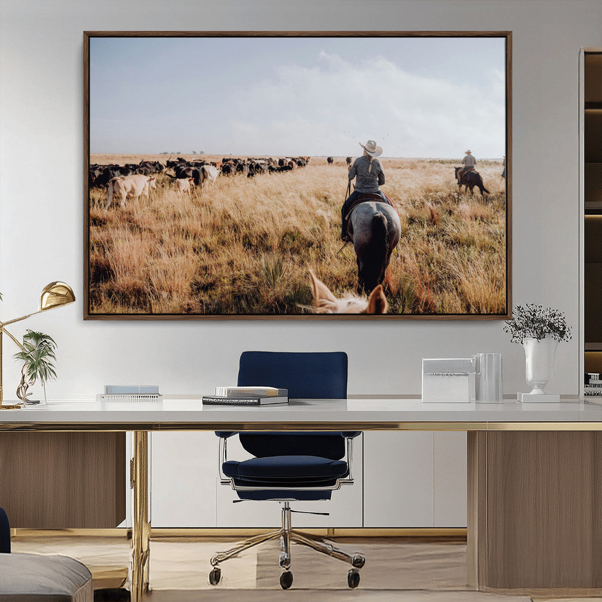 Western Wall Art Canvas Print, Framed Cowboy Cattle Drive Scene