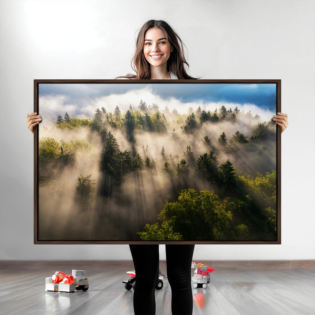 Tranquil Forest Scene Wall Art Canvas Print, Framed Moody Sunbeam Through Trees