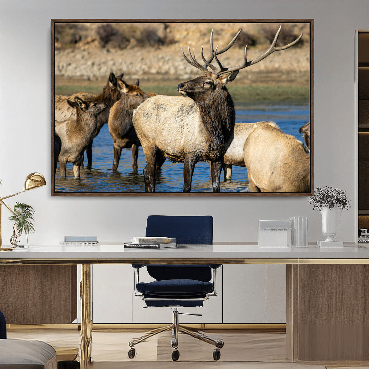 Wild Elk Wall Art Canvas Print, Framed Neutral Wildlife Scene
