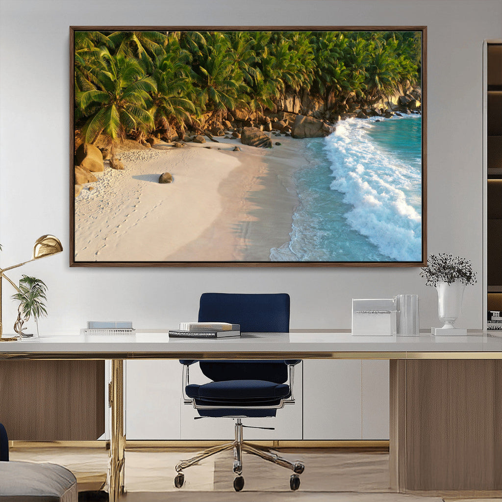 Tropical Beach Wall Art Canvas Print, Framed Ocean Waves and Palm Trees at Golden Sunset