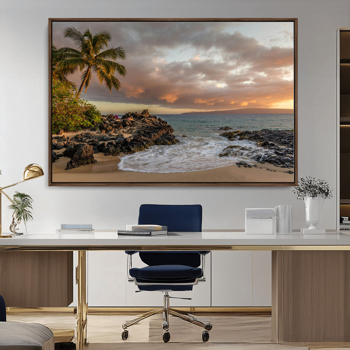 Tropical Beach Wall Art Canvas Print, Vibrant Hawaiian Sunset with Ocean Waves