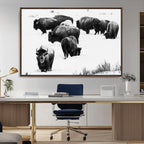 Buffalo Herd Wall Art Canvas Print, Framed Black and White Snowy Landscape