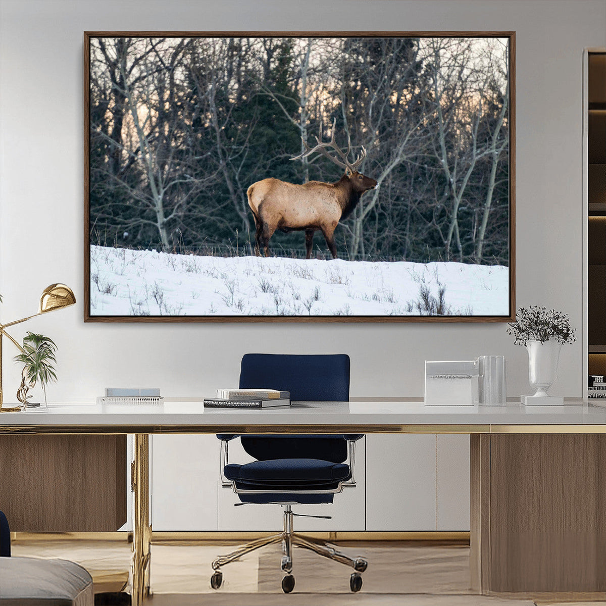 Wild Elk Wall Art Canvas Print, Framed Winter Wildlife in a Snowy Forest
