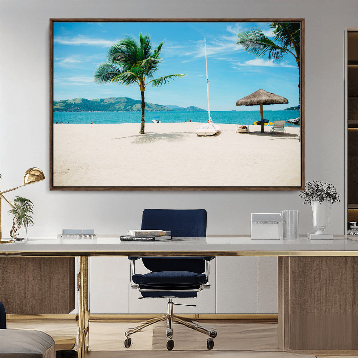 Tropical Beach Wall Art Canvas Print, Framed Palm Tree Ocean View with Calm Waves