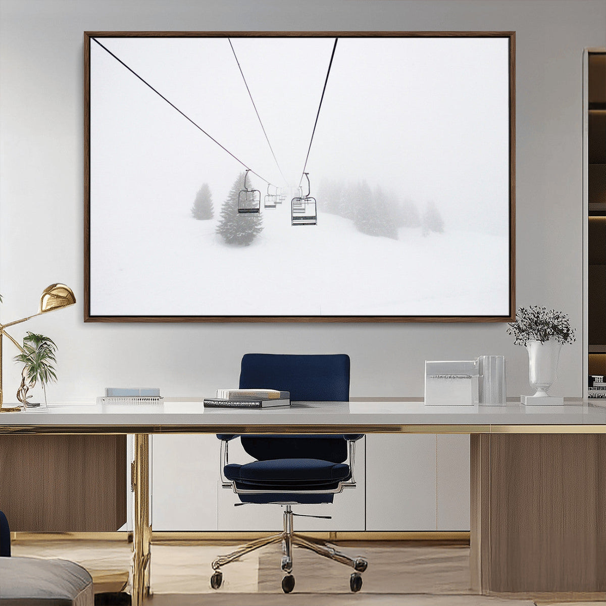 Ski Lift Wall Art Canvas Print, Framed Snowy Landscape Art, Alpine Adventure Nordic Minimalist Decor