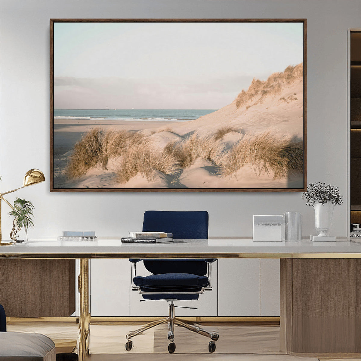 Beach Landscape Wall Art Canvas Print, Framed Sand Dune Photography, Minimalist Seascape Coastal Decor
