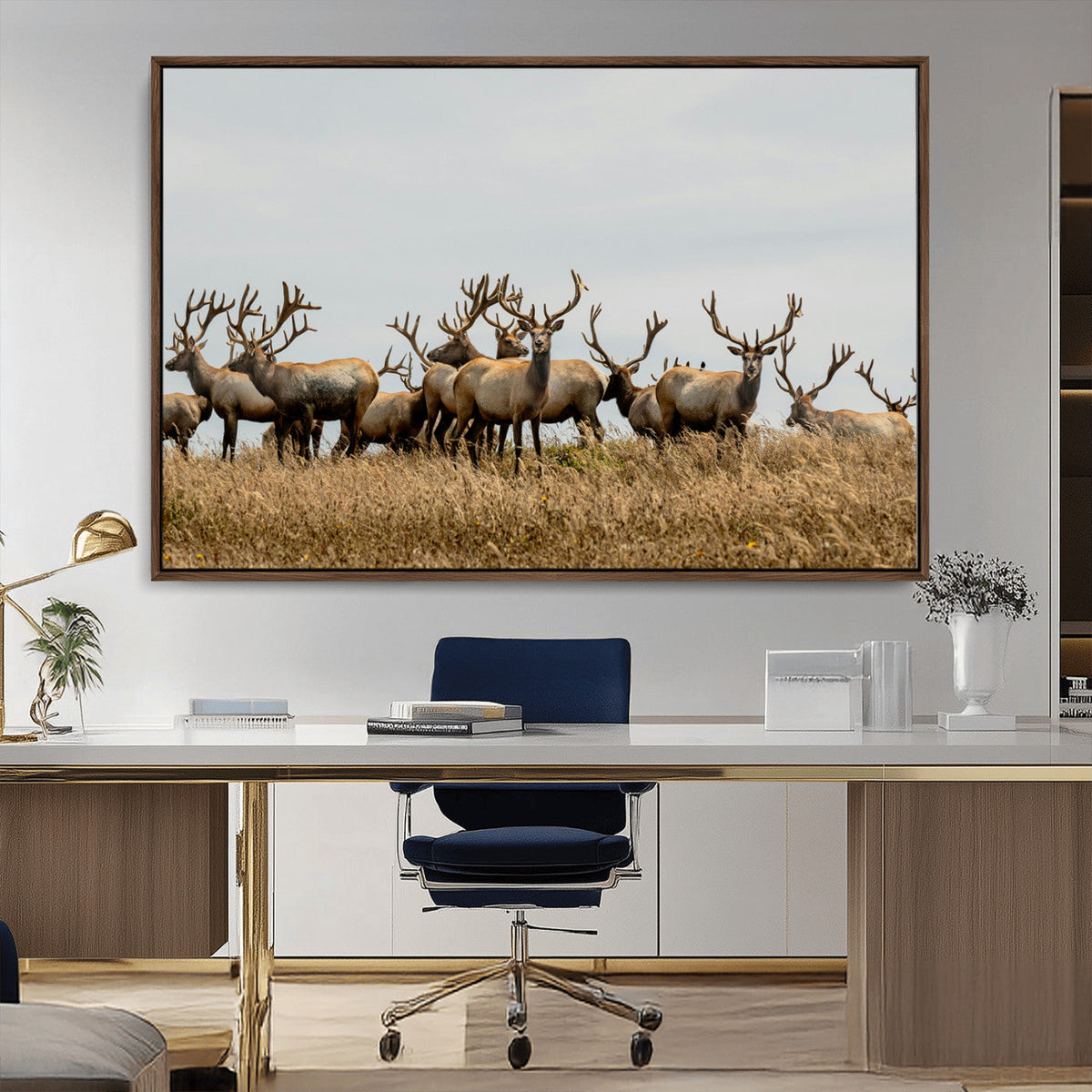 Elk Herd Wall Art Canvas Print, Framed Wildlife Photography Art, Majestic Antlers Rustic Wildlife Decor