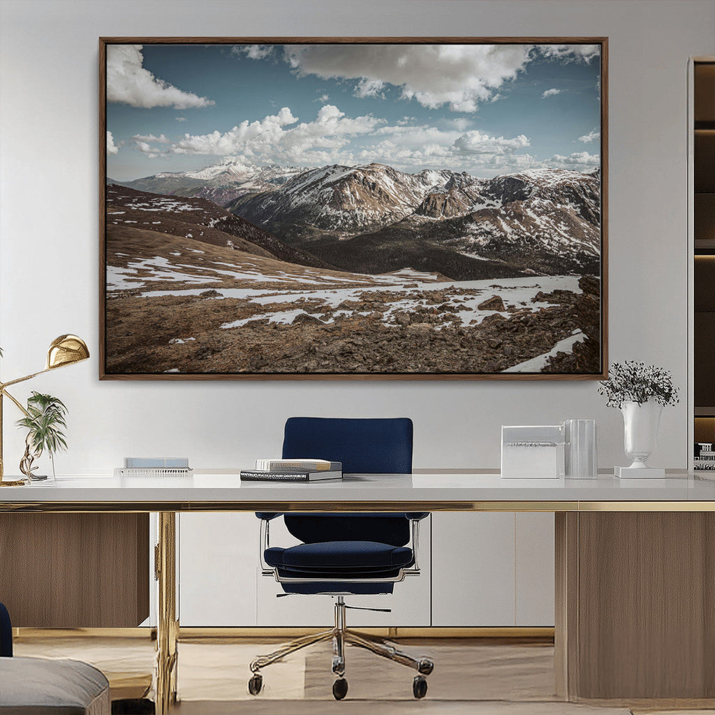 Mountain Landscape Wall Art Canvas Print, Framed Snowy Peaks Art, Rugged Highlands Rustic Adventure Decor