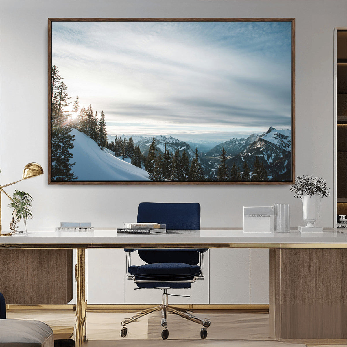 Snowy Mountains Wall Art Canvas Print, Framed Alpine Landscape Frosty Peaks Artwork