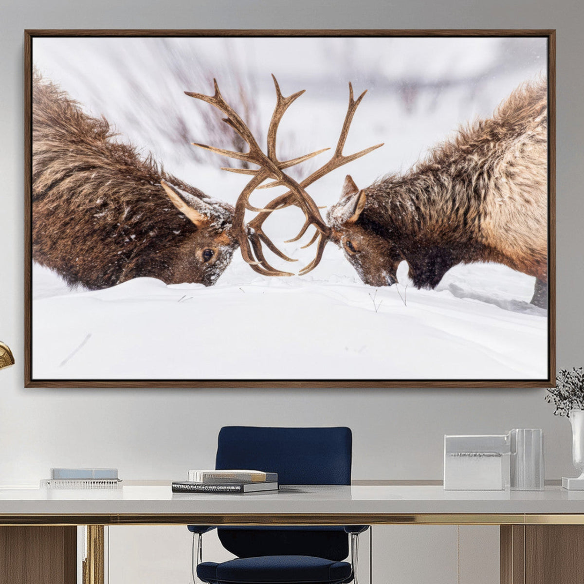 Dramatic Elk Antler Battle Wall Art Canvas Print, Snowy Wildlife Scene