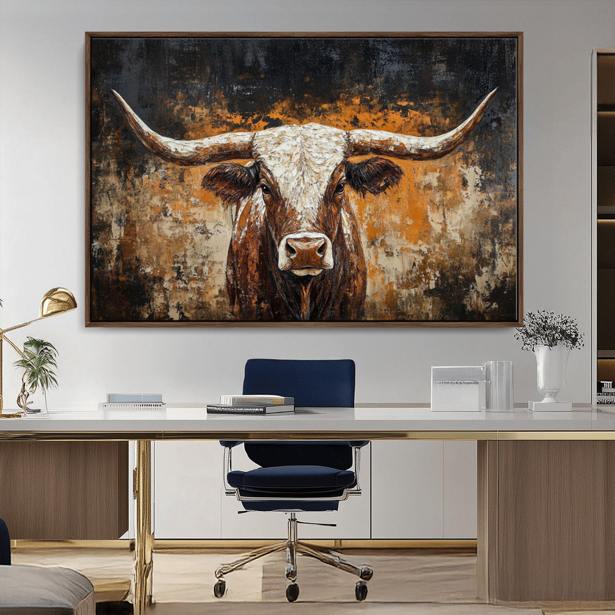 Abstract Longhorn Bull Wall Art Canvas Print, Vintage Western Texas Steer Artwork