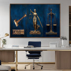 Lady Justice Wall Art Canvas Print, Elegant Gold Legal Symbols on Blue, Law Office Decor