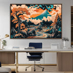 Japanese Landscape Wall Art Canvas Print, Mount Fuji with Flowing River and Autumn Trees