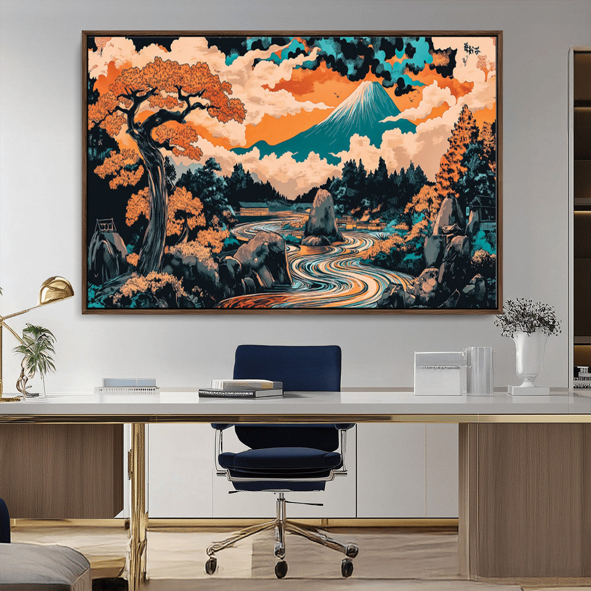 Japanese Landscape Wall Art Canvas Print, Mount Fuji with Flowing River and Autumn Trees