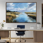 Marshland Wall Art Canvas Print, Serene Water Reflection with Blue Sky and Golden Grass