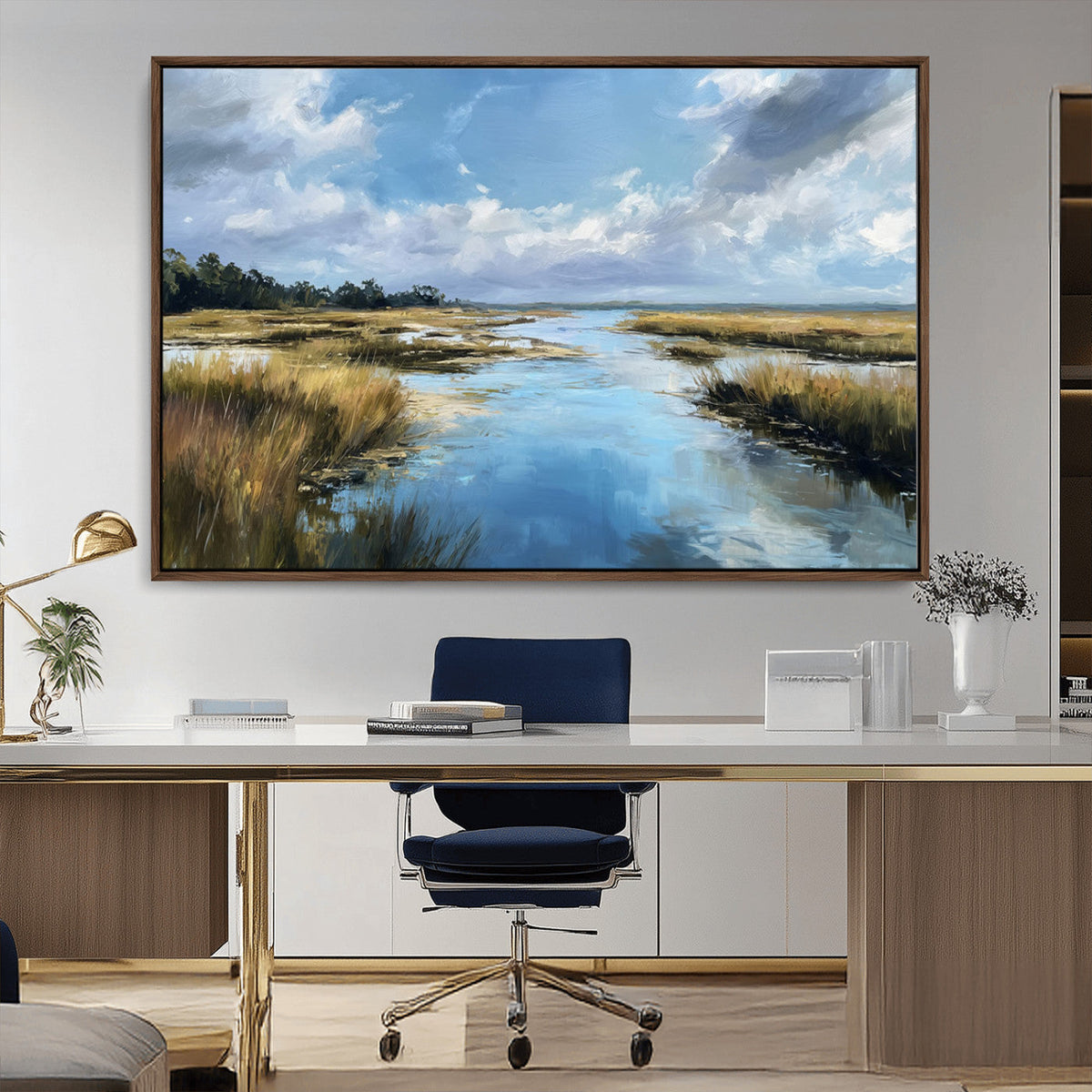 Marshland Wall Art Canvas Print, Serene Water Reflection with Blue Sky and Golden Grass