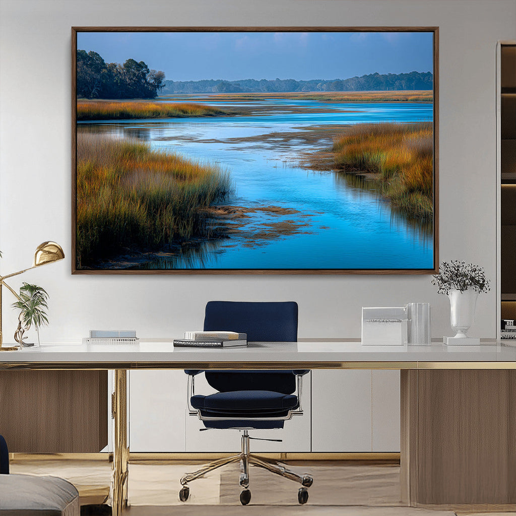 Tranquil Marshland Wall Art Canvas Print, Blue Water Reflecting Sky and Golden Grasses