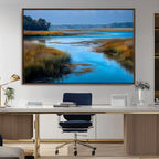 Tranquil Marshland Wall Art Canvas Print, Blue Water Reflecting Sky and Golden Grasses