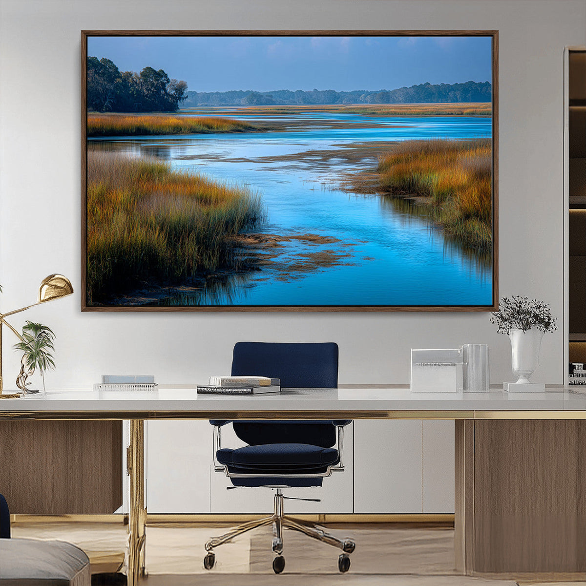 Tranquil Marshland Wall Art Canvas Print, Blue Water Reflecting Sky and Golden Grasses