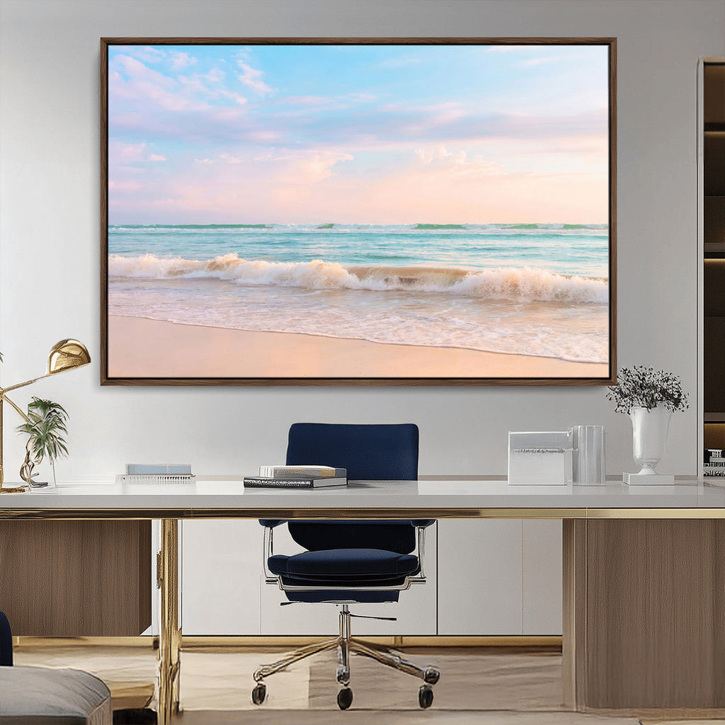 Serene Ocean Waves Wall Art Canvas Print, Pastel Sky Over a Soft Sand Beach