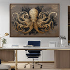 Octopus Wall Art Canvas Print, Black and Gold Detailed Tentacles Nautical Illustration