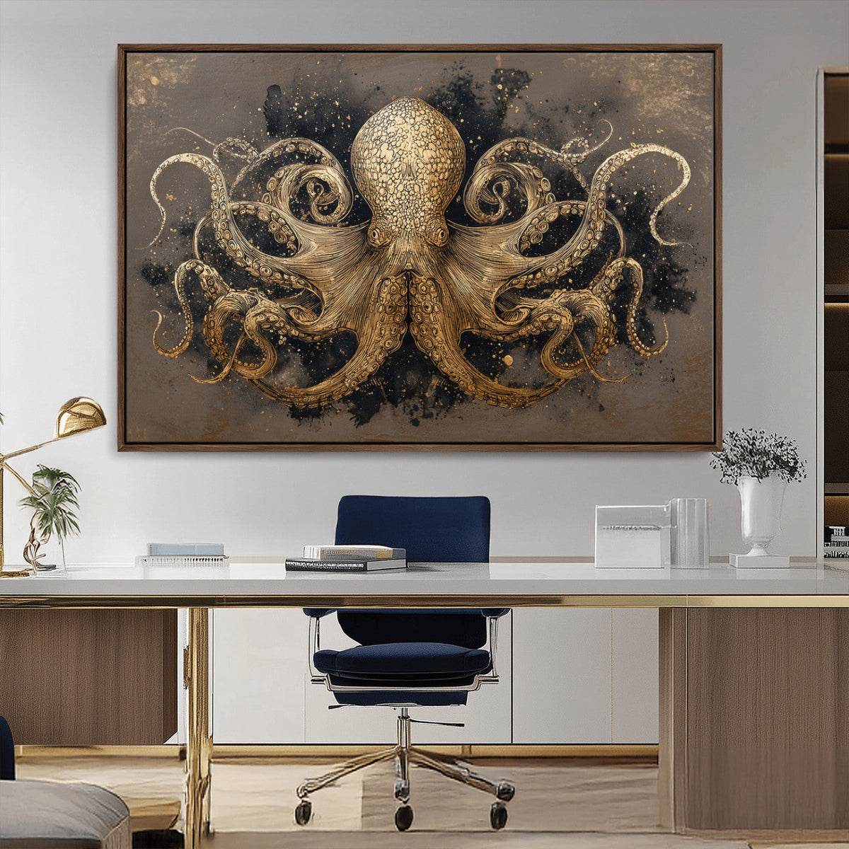 Octopus Wall Art Canvas Print, Black and Gold Detailed Tentacles Nautical Illustration