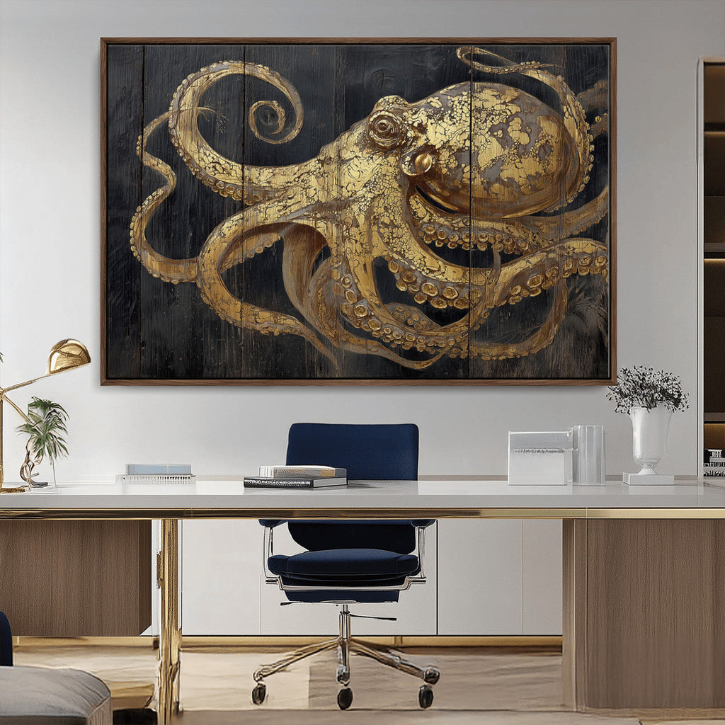 Octopus Wall Art Canvas Print, Gold Detail Octopus on Wooden Plank Background