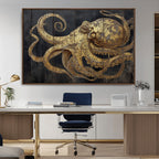 Octopus Wall Art Canvas Print, Gold Detail Octopus on Wooden Plank Background
