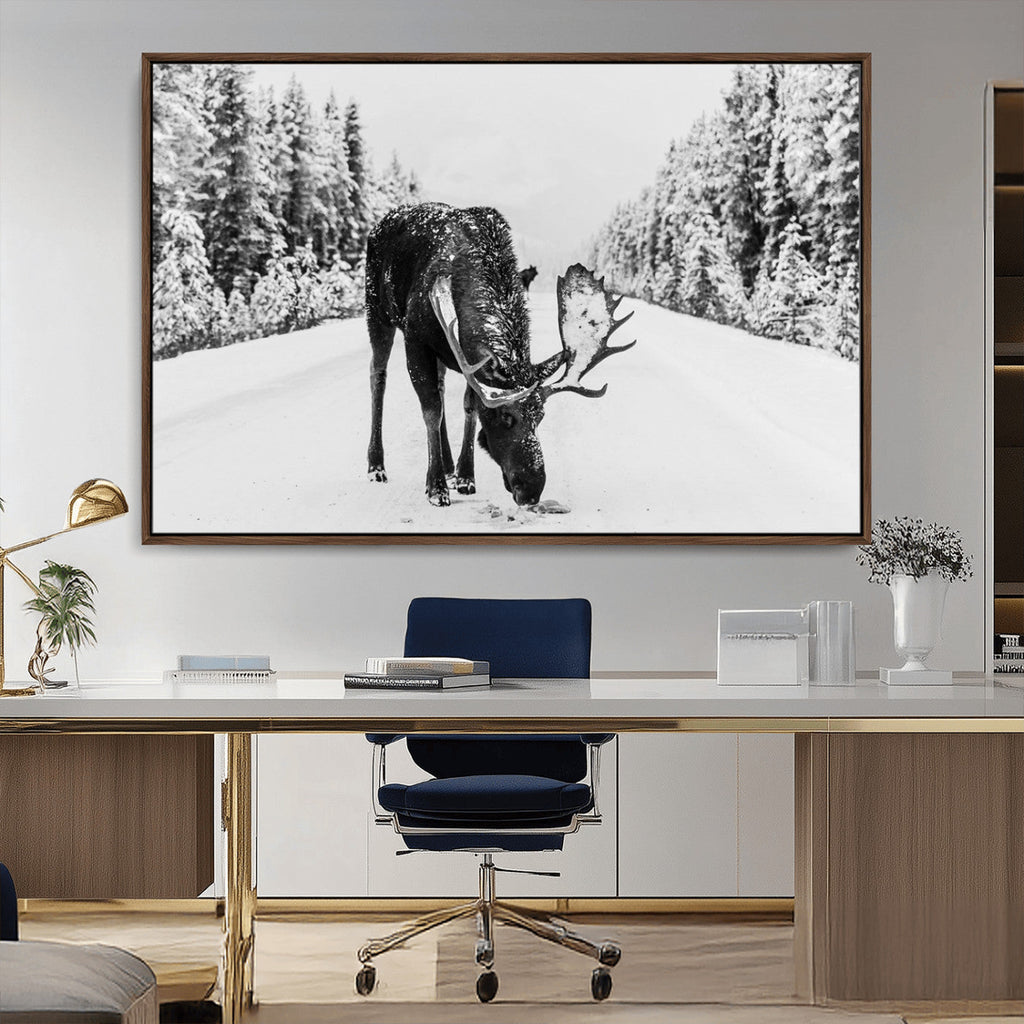 Moose Wall Art Canvas Print, Winter Moose with Antlers in a Snowy Forest