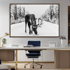 Moose Wall Art Canvas Print, Winter Moose with Antlers in a Snowy Forest