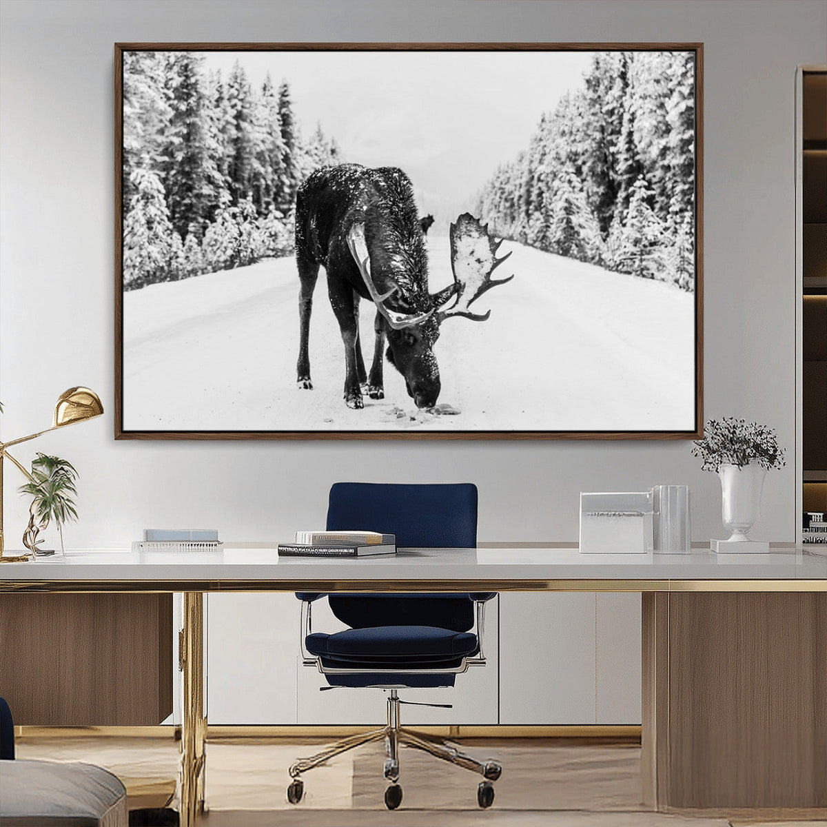 Moose Wall Art Canvas Print, Winter Moose with Antlers in a Snowy Forest