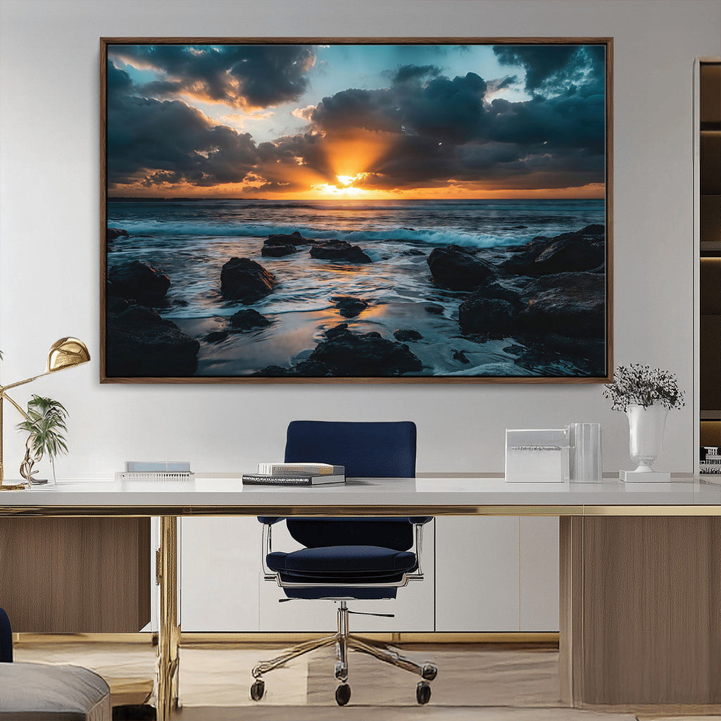 Ocean Sunset Wall Art Canvas Print, Rocky Shore Waves and Golden Sun Rays