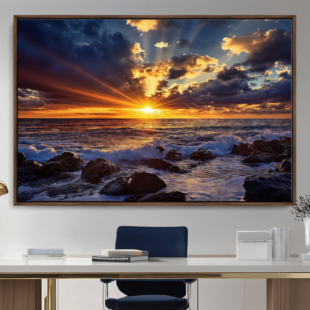 Sunset Ocean Wall Art Canvas Print, Waves on a Rocky Shore Under Dramatic Sky