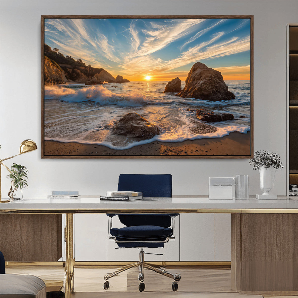 Rocky Ocean Sunset Wall Art Print, Seaside Canvas with Dramatic Seascape