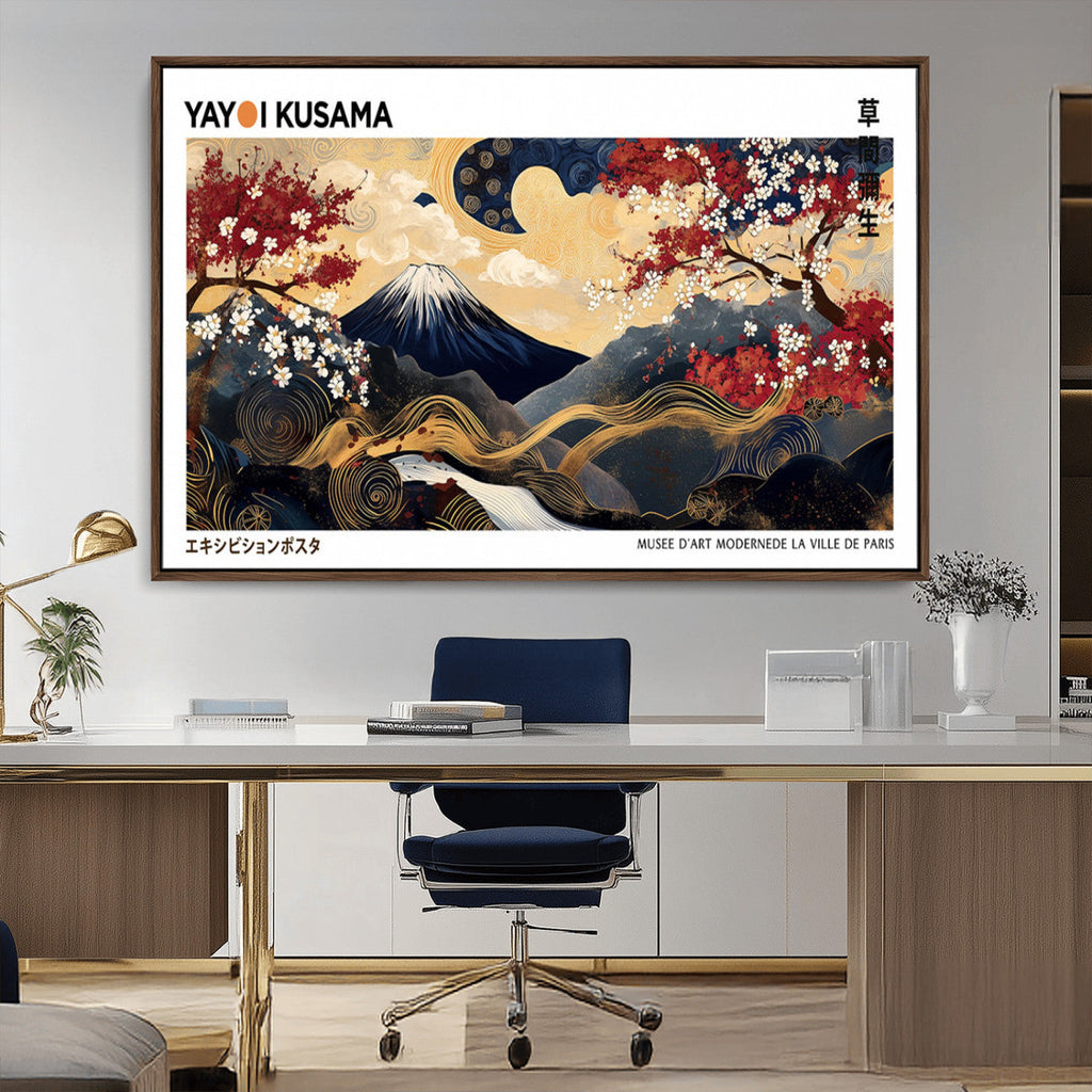 Yayoi Kusama Inspired Japanese Art Canvas Print, Floral Mt. Fuji Modern Asian Wall Decor