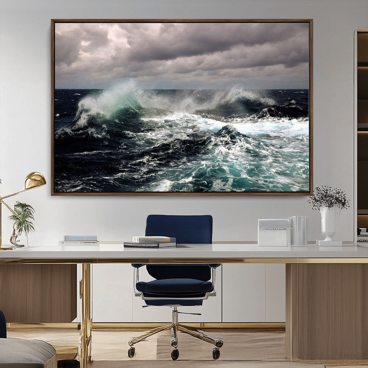 Stormy Ocean Waves Canvas Wall Art, Framed Turbulent Sea Nature Print